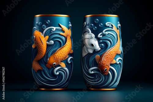 AI-designed realistic sleeve with water-inspired elements, like waves and koi fish, highlighting intricate linework photo