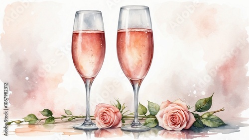 Glasses of pink champagne with roses, celebratory mood, artistic watercolor background