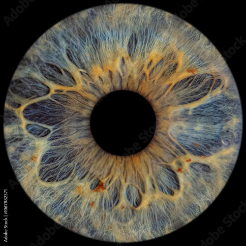 High-resolution macro photograph of a human eye iris, capturing intricate details and vibrant eye colors.