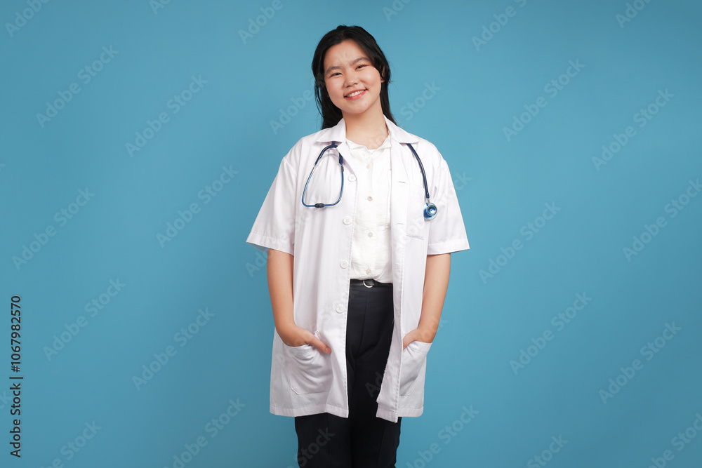 portrait of a female doctor.Asian female doctor is standing wearing scrubs and a stethoscope. He is smiling and looking camera.Portrait of young female nurse isolated on portrait of a female doctor.Asian female doctor is standing wearing scrubs and a stethoscope. He is smiling and looking camera.Portrait of young female nurse isolated on