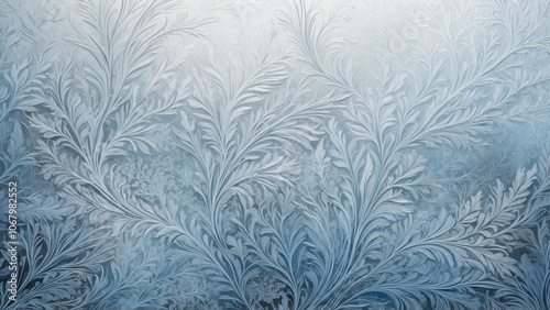 Frosted botanical patterns, icy blue background, elegant design with soft textures