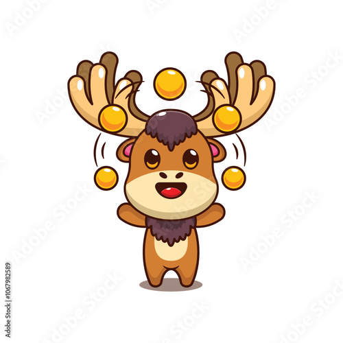 Moose circus attraction with balls. mascot cartoon character vector illustration.