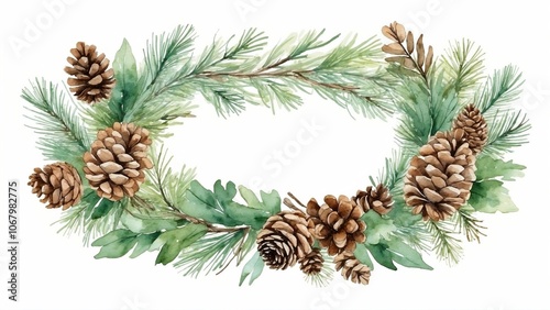 Artistic pine cone and greenery wreath, festive decoration, watercolor illustration with copy space