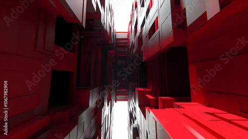 Abstract red and black geometric design, a narrow hallway leading upwards. photo