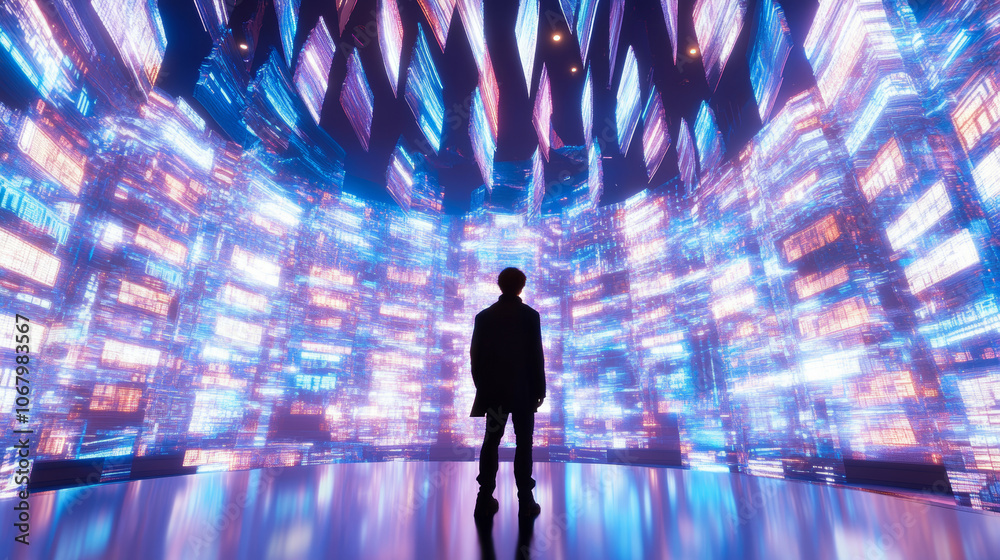 3D man silhouette standing surrounded by many floating virtual screens with digital charts and data flow blue pink purple background. cyberpunk sci-fi futuristic neon lights binary code screen firewal 3D man silhouette standing surrounded by many floating virtual screens with digital charts and data flow blue pink purple background. cyberpunk sci-fi futuristic neon lights binary code screen firewal