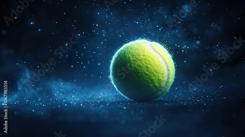 Tennis ball with blue sparkles on a dark background. photo