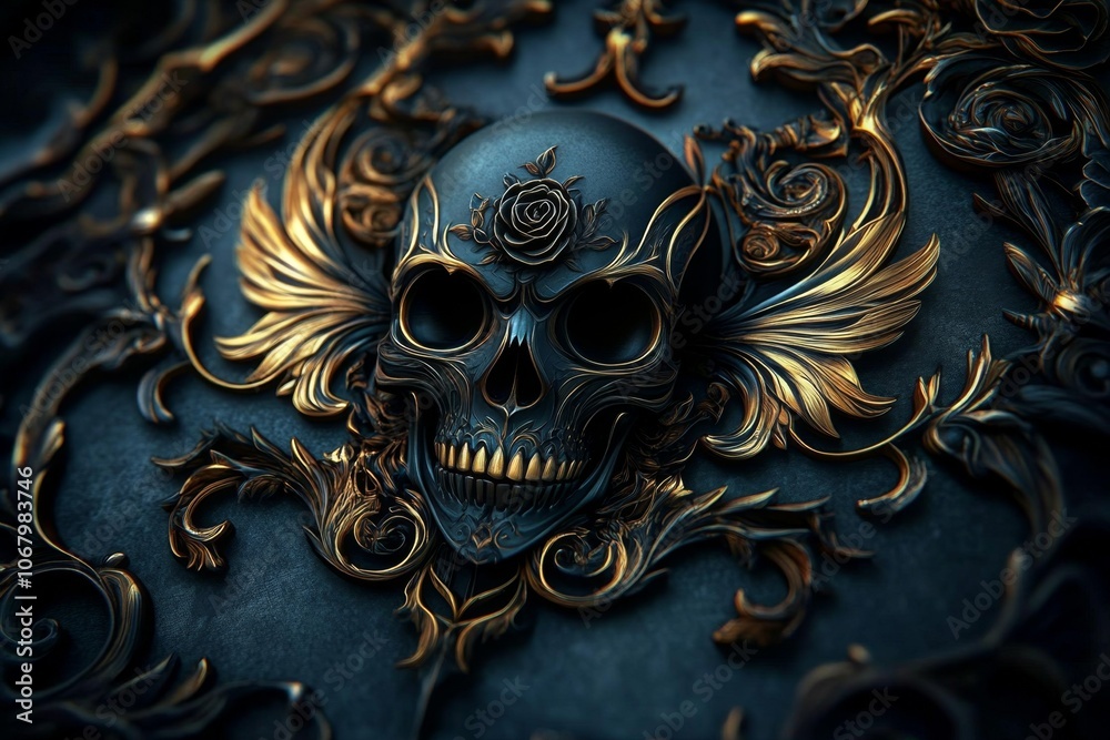 Gothic-inspired skull and rose tattoo with dark shading and intricate details, designed by AI Gothic-inspired skull and rose tattoo with dark shading and intricate details, designed by AI