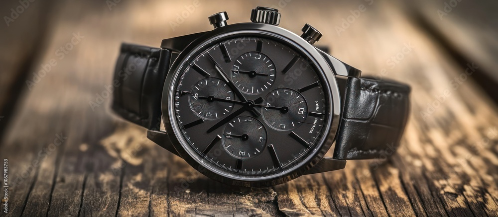 Men's luxury chronograph watch with gunmetal finish, black leather strap, placed on a rustic wood surface
