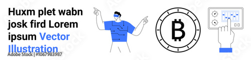 Man wearing VR headset, Bitcoin symbol inside a coin, and hand interacting with a touchscreen. Ideal for VR, cryptocurrency, technology, finance, digital experiences, user interaction, innovation