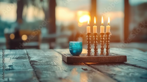 Dreidel and menorah with candles, evening scene, rich Hanukkah traditions, joy and spirituality, peaceful holiday moment photo