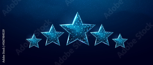 Wireframe five stars, low poly style. Success, winner, rating concept. Abstract modern 3d vector illustration on dark blue background.