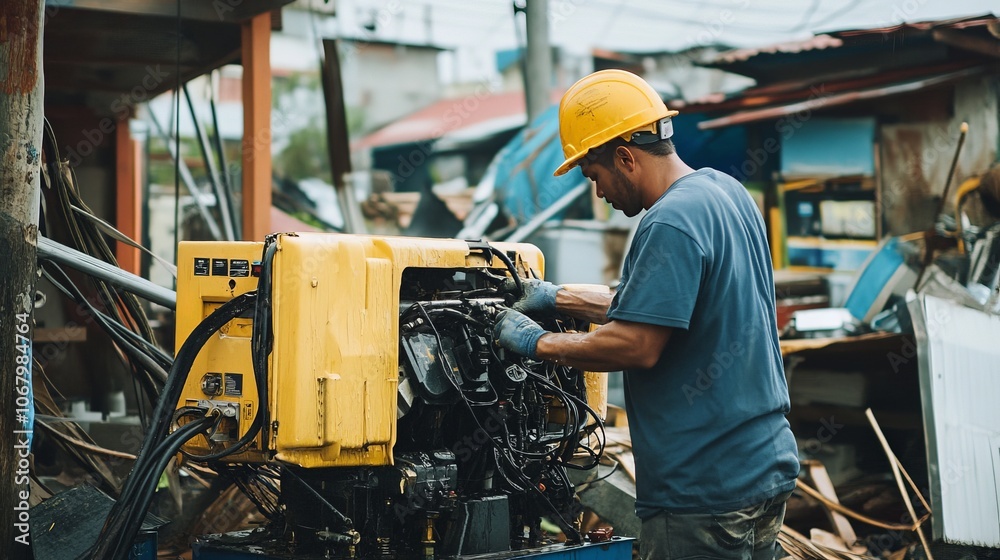 An image of a technician fixing a broken generator in a disaster-stricken area, ensuring power is restored to critical facilities An image of a technician fixing a broken generator in a disaster-stricken area, ensuring power is restored to critical facilities