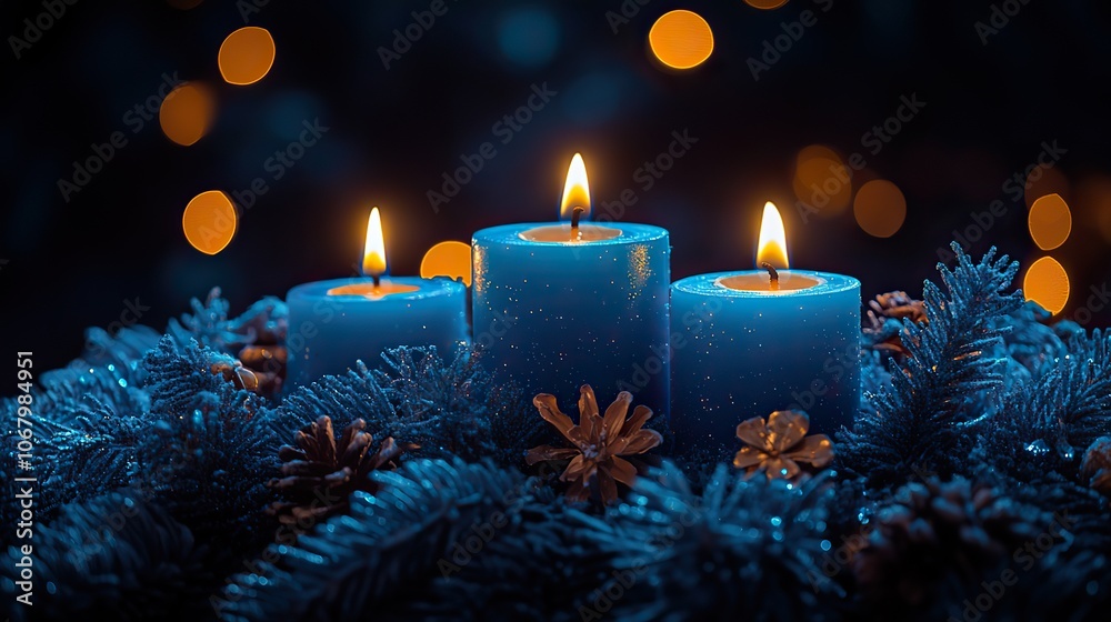 Flaming blue candles burn brightly on a dark night sky, with stars and lights twinkling in the background, creating a festive and serene backdrop for Christmas or religious events. Flaming blue candles burn brightly on a dark night sky, with stars and lights twinkling in the background, creating a festive and serene backdrop for Christmas or religious events.