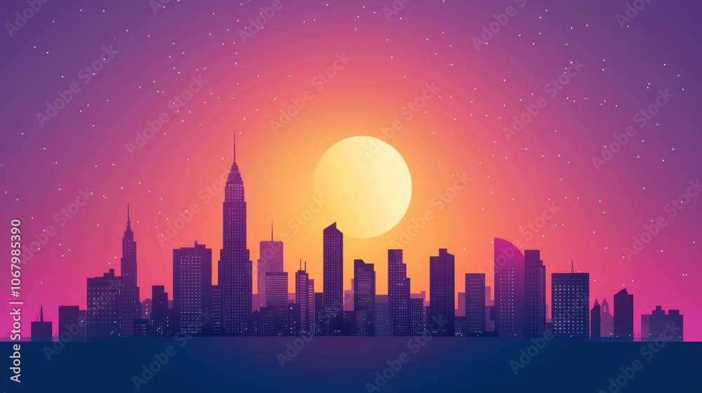 Fototapeta premium A city skyline silhouetted against a deep purple and orange sunset, with the outlines of buildings, bridges, and landmarks creating a dramatic and evocative cityscape.