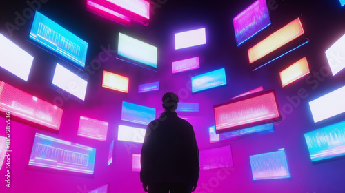 3D man silhouette standing surrounded by many floating virtual screens with digital charts and data flow blue pink purple background. cyberpunk sci-fi futuristic neon lights binary code screen firewal