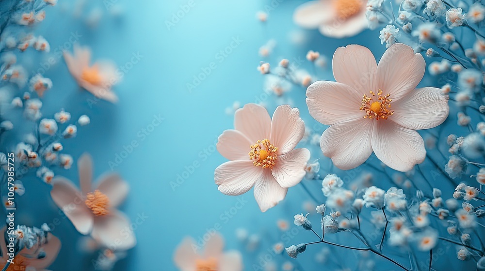 Fototapeta premium Floral composition with flowers on a light blue background, perfect for a greeting card or Mother's Day banner.