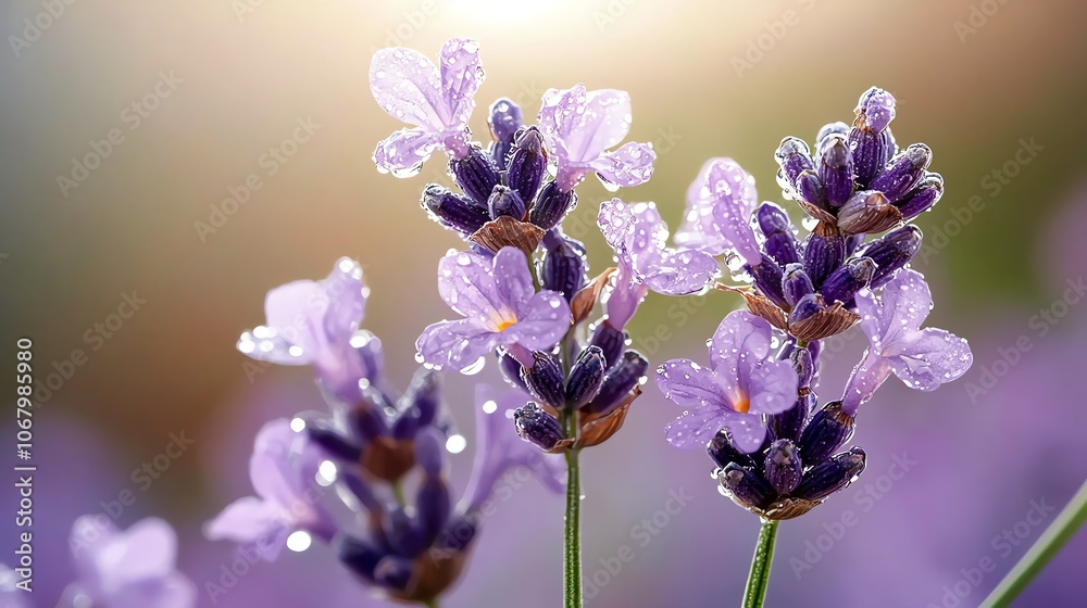 Obraz premium Crystalclear dewdrops on lavender petal, sharp focus, natural tones