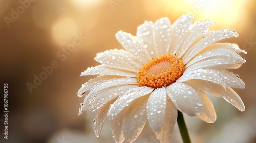 Dewdropladen daisy petal closeup, crisp focus, soft lighting photo