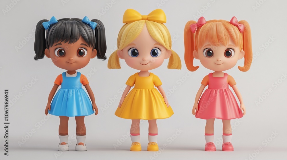 Three cute cartoon girls with different hair colors and dresses standing together. Three cute cartoon girls with different hair colors and dresses standing together.