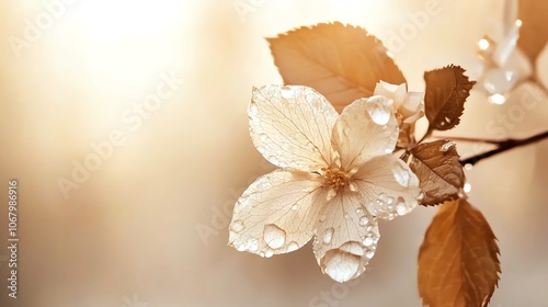 Fine focus on dewdropladen petal, soft hues, natural light photo