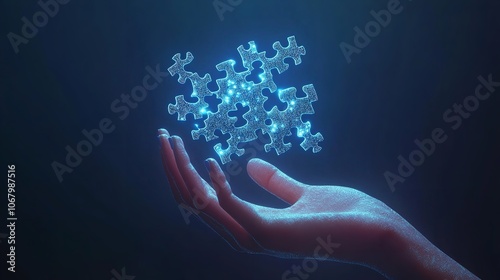 Digital Puzzle Hologram on a Hand, Success Solution Concept

 photo