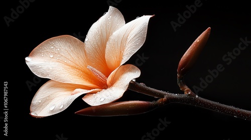 Macro of dewdrop on flower stem, dark background, sharp clarity photo