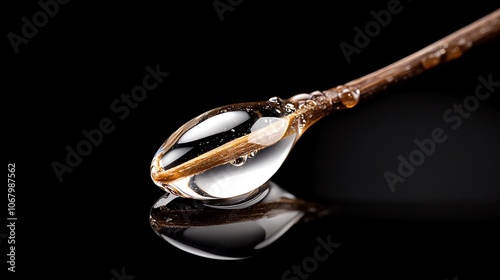 Macro of dewdrop on flower stem, dark background, sharp clarity photo