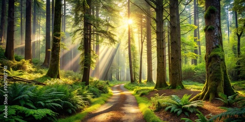 A winding path through a sun-drenched forest, the light filtering through the canopy illuminates the moss-covered trees and ferns lining the way.