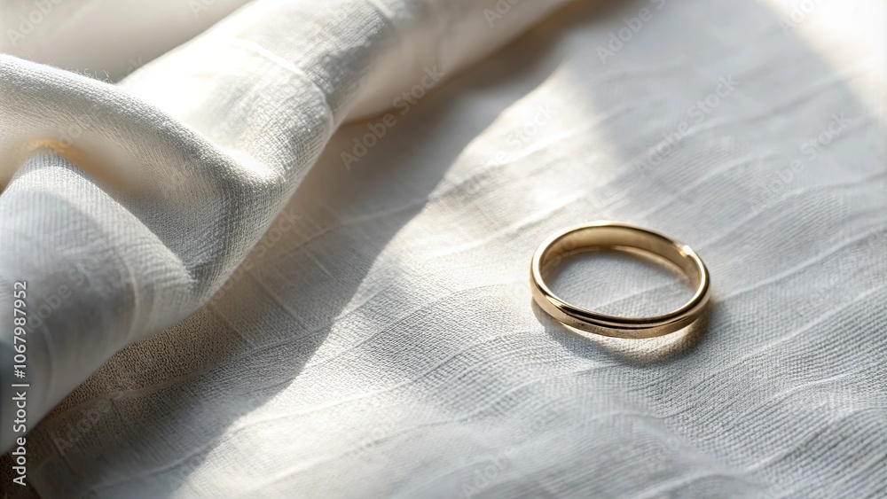 A simple gold band resting on a smooth white fabric, illuminated by soft natural light A simple gold band resting on a smooth white fabric, illuminated by soft natural light
