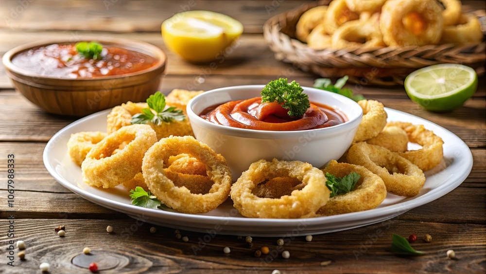 Crispy Fried Onion Rings Served with Tomato Sauce and a Garnish of Parsley on a White Plate Crispy Fried Onion Rings Served with Tomato Sauce and a Garnish of Parsley on a White Plate