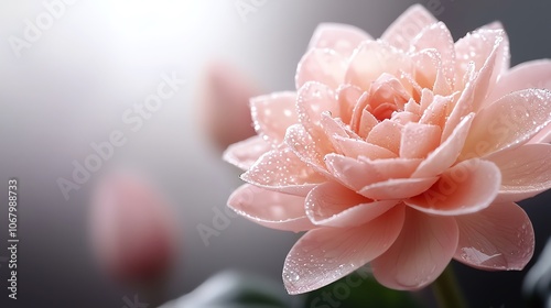 Soft pink petal with tiny dewdrops, closeup, intense focus photo