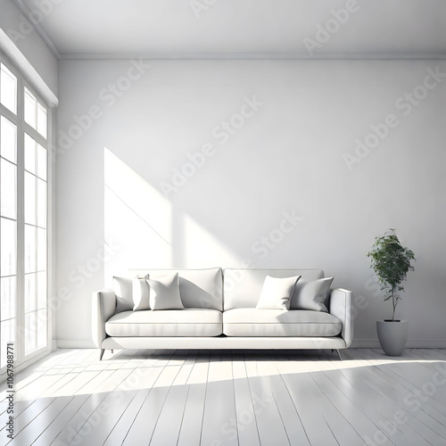 Living room interior with white sofa against white wall. Sunlight coming from the window.