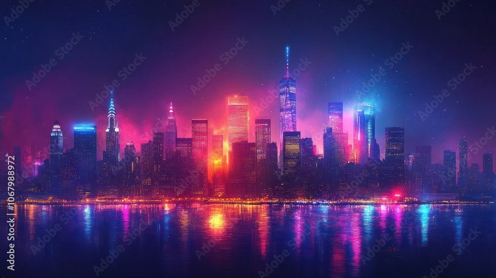 Cityscape on dark blue background with bright glowing neon. Technology city background Cityscape on dark blue background with bright glowing neon. Technology city background