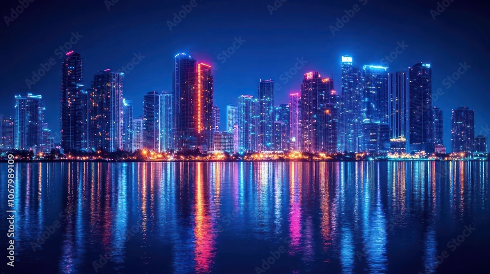 Obraz premium Cityscape on dark blue background with bright glowing neon. Technology city background