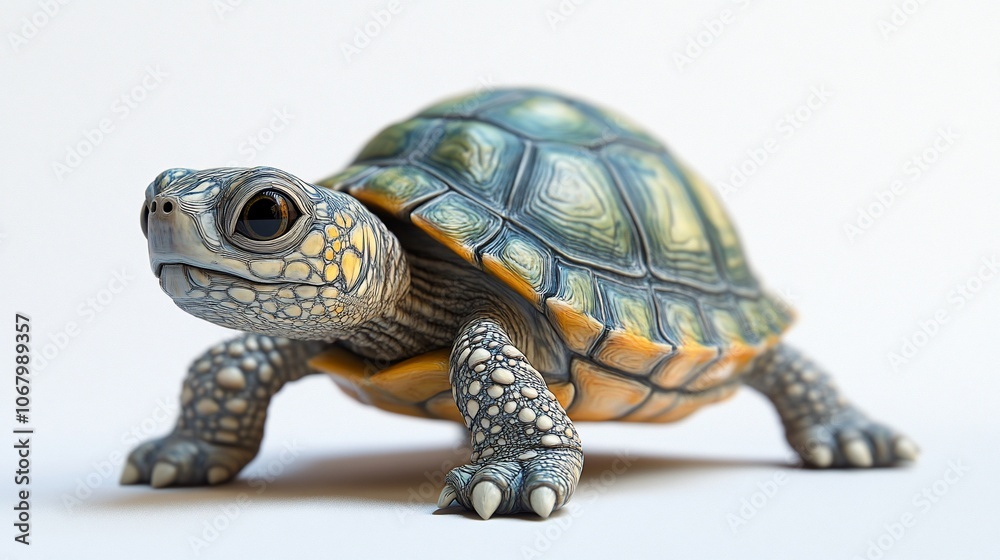 Obraz premium A small turtle with a green and yellow shell on a white background.