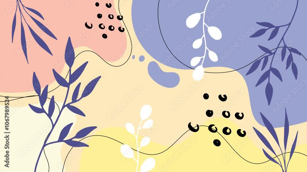 modern trendy abstract illustration with organic forms and colorful leaves seamless 4k video background motion pop art design