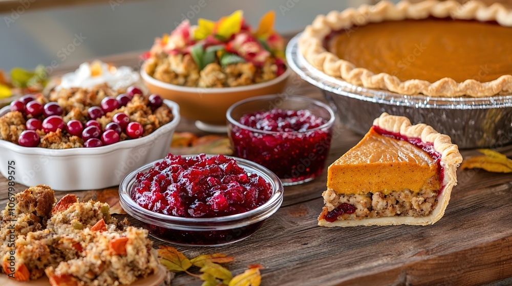 A close-up of a rustic wooden table set for Thanksgiving, displaying a variety of colorful dishes including cranberry sauce, stuffing, and pumpkin pie. The shallow depth of field focuses on the A close-up of a rustic wooden table set for Thanksgiving, displaying a variety of colorful dishes including cranberry sauce, stuffing, and pumpkin pie. The shallow depth of field focuses on the