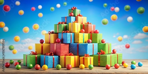 A celebratory tower of wrapped presents with festive red bows sits against a backdrop of a light blue sky dotted with colorful orbs