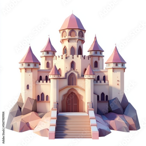 Low Poly 3D Render of a fortress with a central tower, on isolated white background