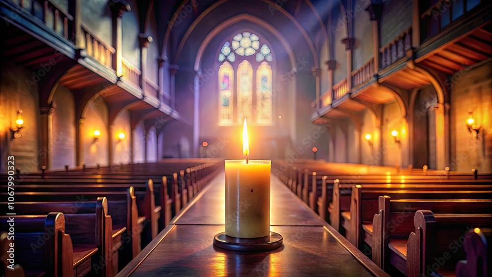 Fototapeta premium A single candle illuminates the rows of pews in an ancient place of worship, its soft glow casting a warm and ethereal light upon the wooden benches, inviting reflection and solace.