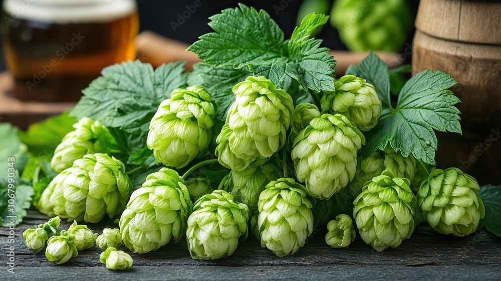 Fresh green hop cones for making beer, representing herbal natural medicine or brewing themes, ideal for Oktoberfest posters. Fresh green hop cones for making beer, representing herbal natural medicine or brewing themes, ideal for Oktoberfest posters.