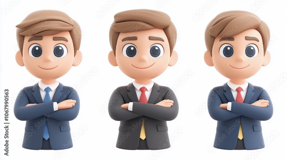 Three 3D cartoon men with different tie colors stand with arms crossed. Three 3D cartoon men with different tie colors stand with arms crossed.