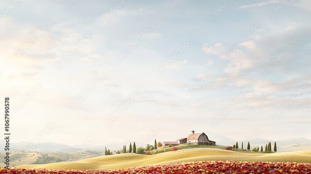 An expansive countryside landscape, dotted with rolling hills and a rustic barn surrounded by golden fields sprinkled with crimson leaves. The sky is painted with soft clouds, creating a cohesive An expansive countryside landscape, dotted with rolling hills and a rustic barn surrounded by golden fields sprinkled with crimson leaves. The sky is painted with soft clouds, creating a cohesive