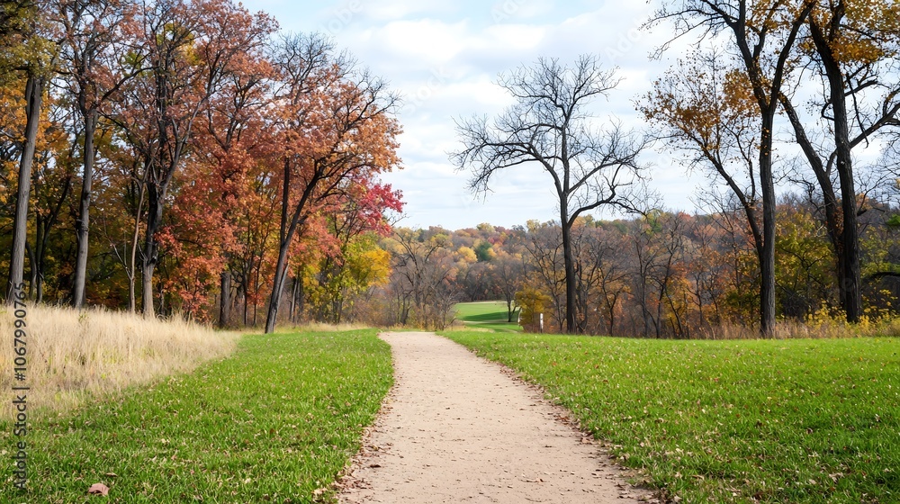 A tranquil hiking trail lined with towering trees, their branches heavy with fall colors. The perspective draws the viewers eye down the path, inviting them to explore while leaving ample space in A tranquil hiking trail lined with towering trees, their branches heavy with fall colors. The perspective draws the viewers eye down the path, inviting them to explore while leaving ample space in