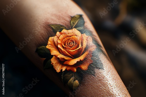 3D-rendered tattoo design of a rose on a personâ€™s arm, with realistic shadow and texture created by AI photo