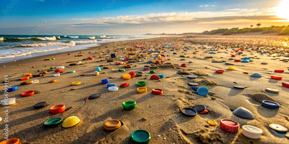 A seashore sunset cast a warm glow on the sand as vibrant plastic caps scattered like colorful confetti, a stark reminder of the human impact on nature. A seashore sunset cast a warm glow on the sand as vibrant plastic caps scattered like colorful confetti, a stark reminder of the human impact on nature.