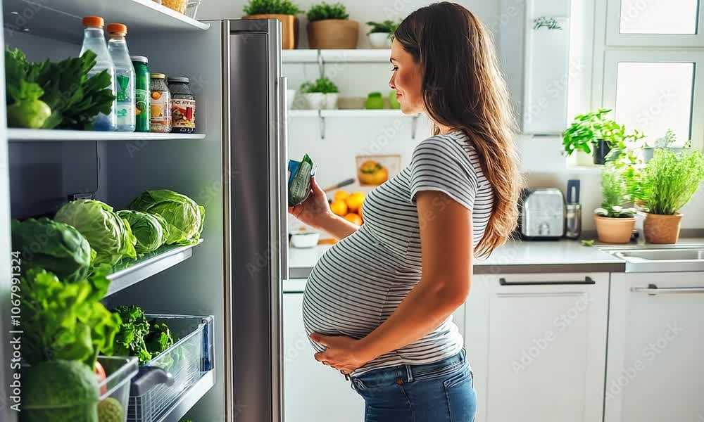 Pregnant Woman Opening a Refrigerator Pregnant Woman Opening a Refrigerator