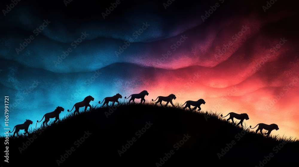 A pride of lions walking single file across a ridge, their dark silhouettes stark against the fiery colors of the African sunset, conveying a sense of mystery and wonder.