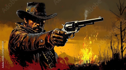 Intense Gunslinger Aiming with Revolver photo