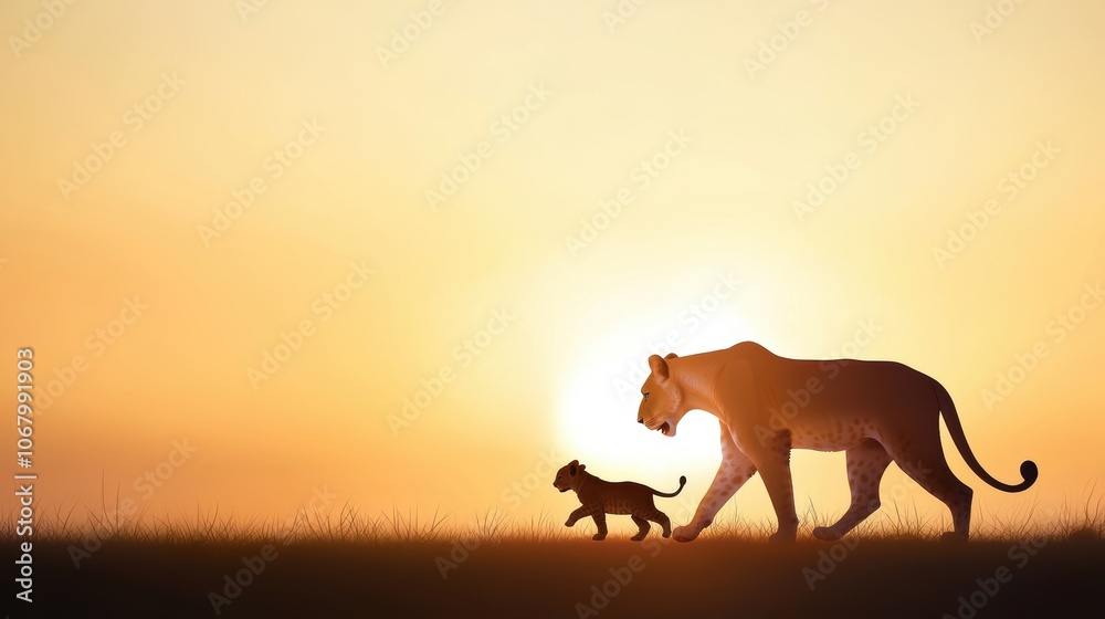 The silhouette of a lioness carrying her cub in her mouth, her gentle form outlined against the soft glow of the rising sun, conveying a sense of maternal love and protection. The silhouette of a lioness carrying her cub in her mouth, her gentle form outlined against the soft glow of the rising sun, conveying a sense of maternal love and protection.